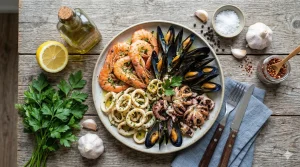 o masa cu fructe de mare pe farfurie