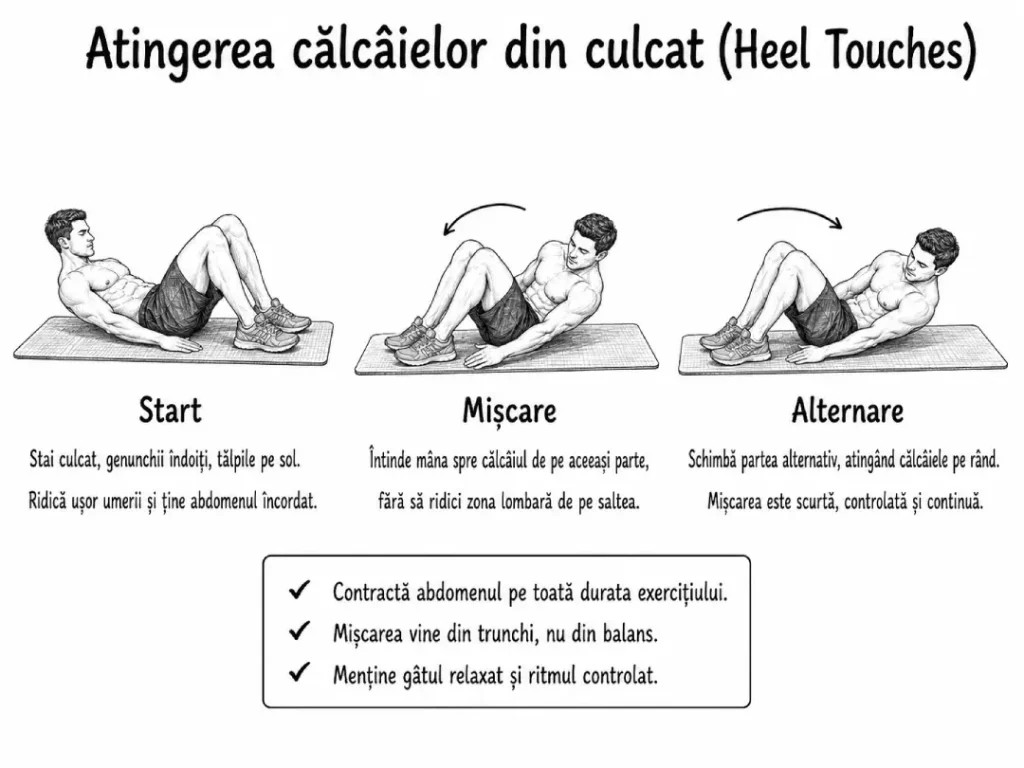 exercitii abdomen - Atingerea călcâielor din culcat (Heel Touches)