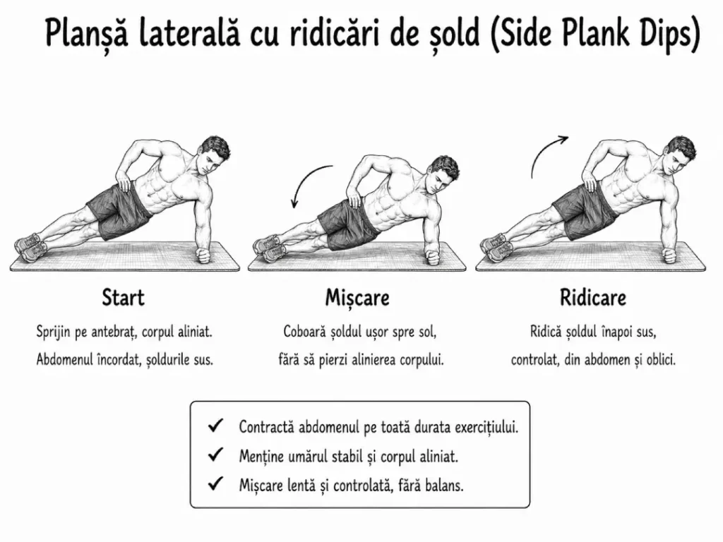 Planșă laterală cu ridicări de șold (Side Plank Dips)