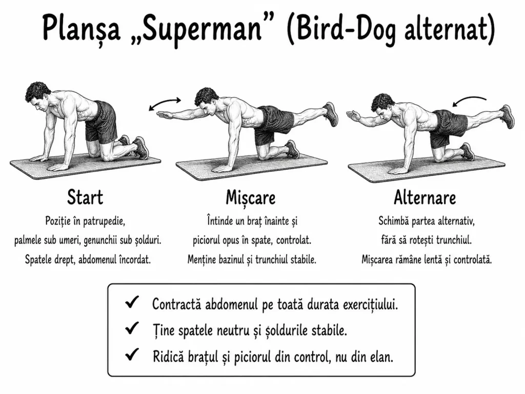 exercitii abdomen - Planșa „Superman” (Bird-Dog alternat)