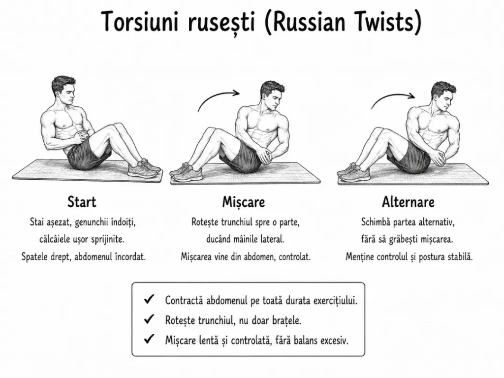 exercitii abdomen - Torsiuni rusești (Russian Twists)